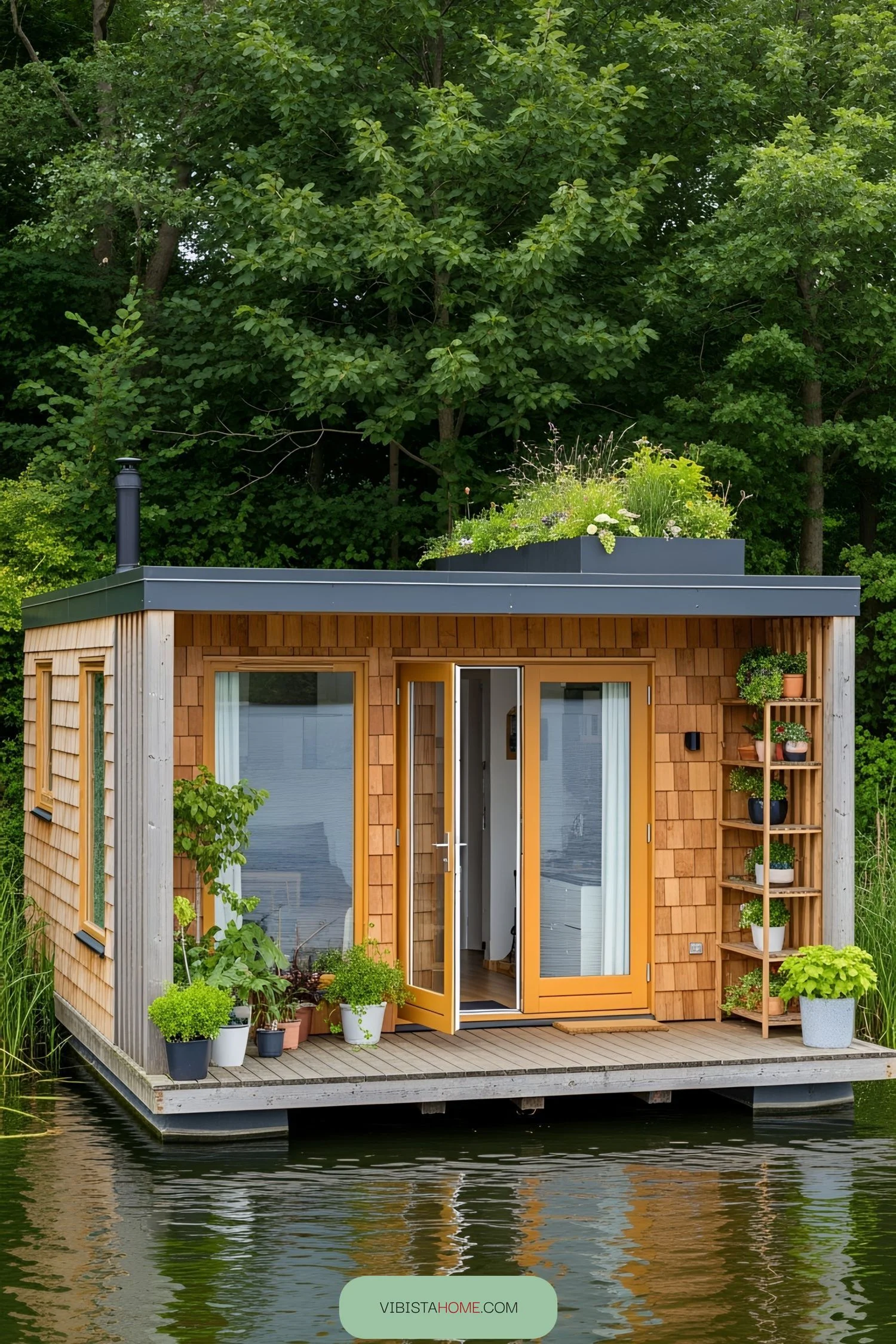 Green-Roofed Cuboid Floating Home