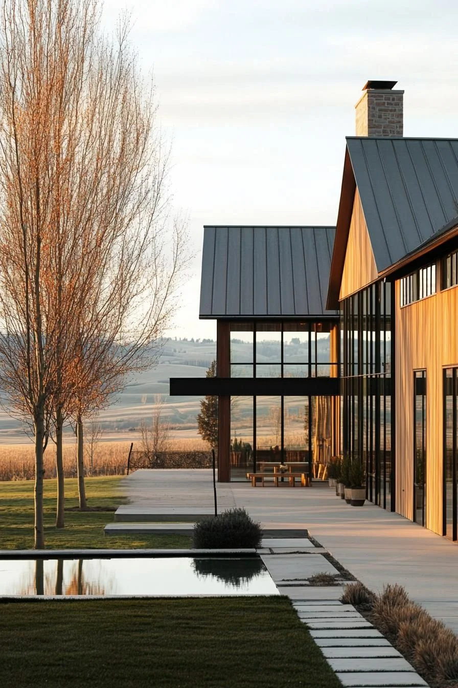 A Farmhouse with Rooftop Reflections at Dusk