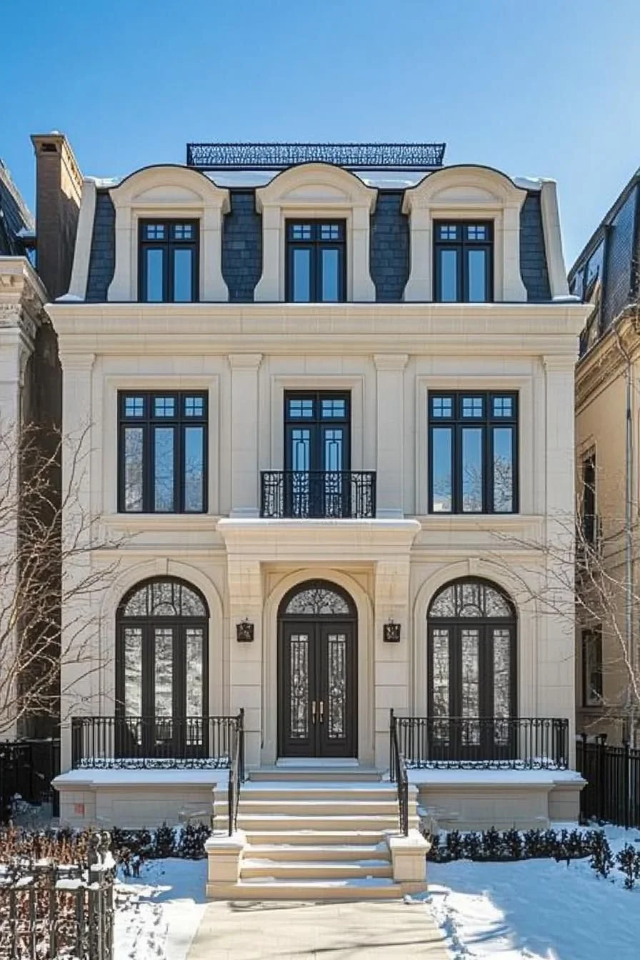 Snow-Covered Manor With Elegant Details