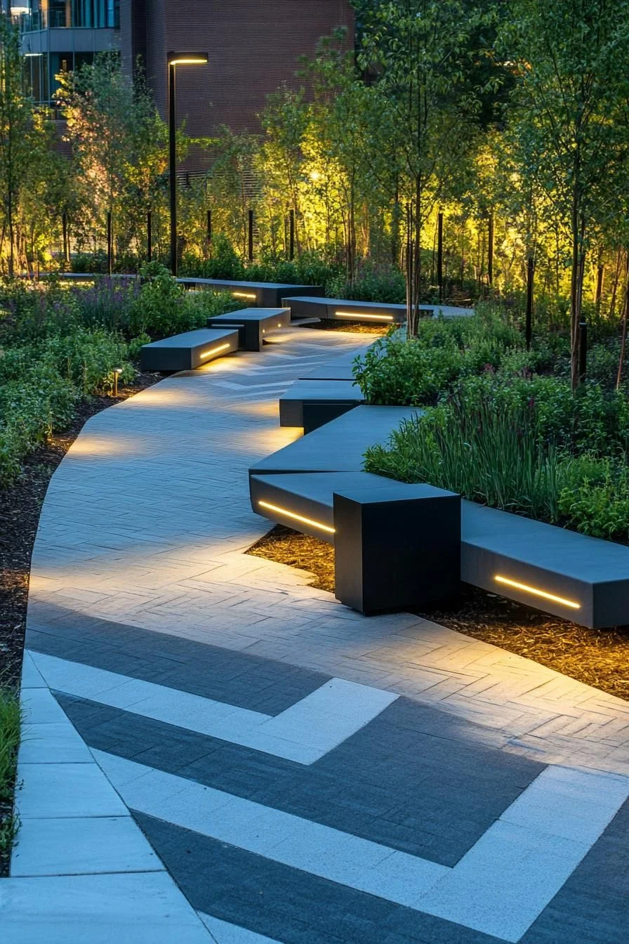 Lit Walkway Through Greenery