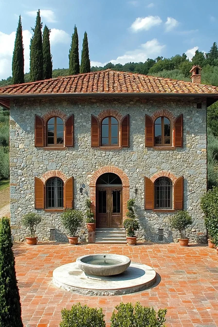 Stone Facade with Cypress Tree Accents