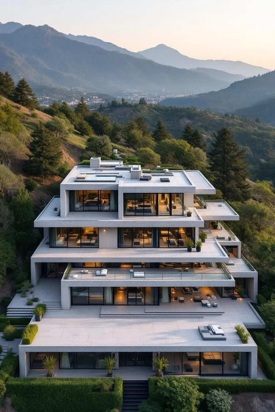 Tiered Concrete Home Nestled by Mountains