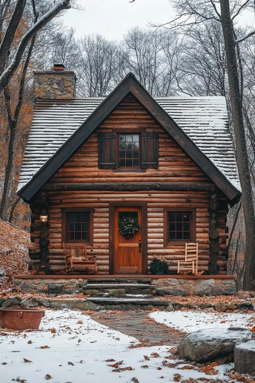 Log Cabin Set in Wintry Woods