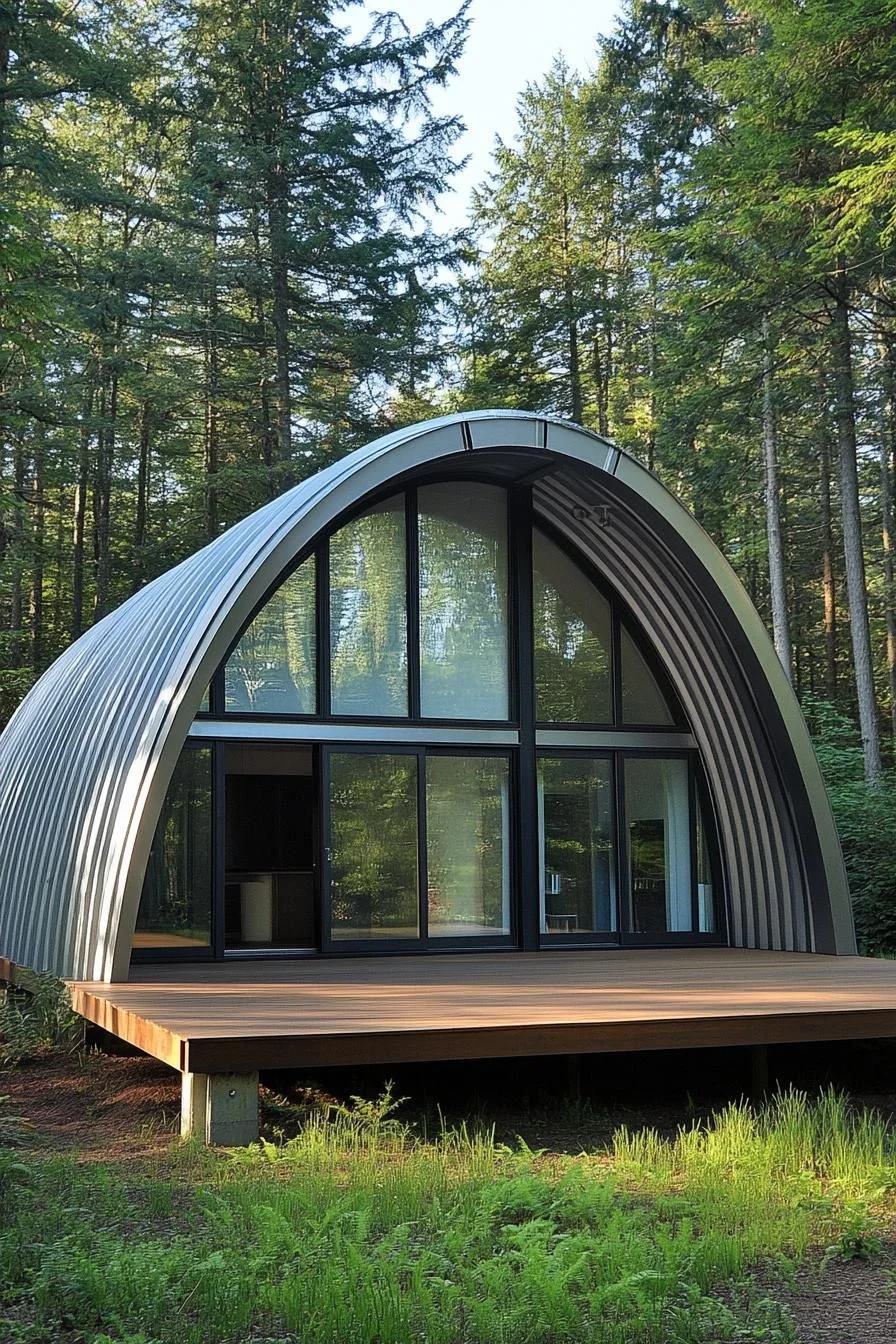 A Curved Cabin Nestled Among Conifers