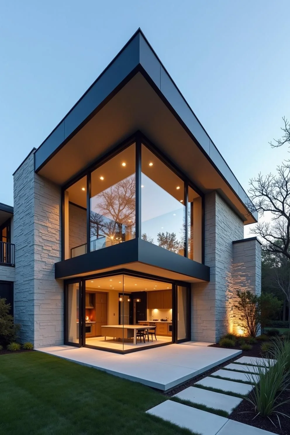 Angular Glass Home at Dusk