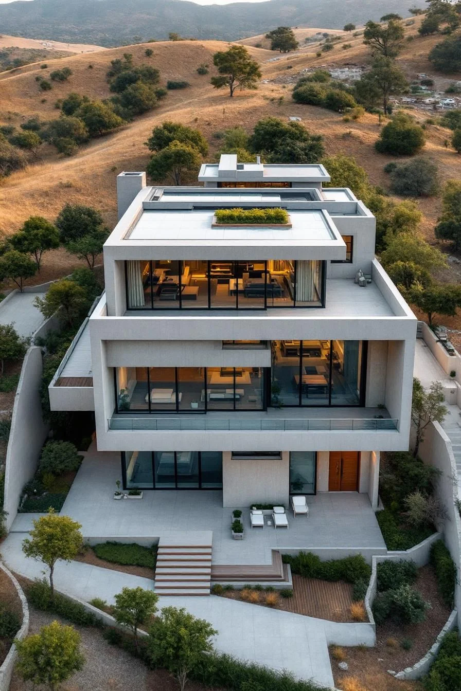 Cube-Shaped Concrete Home Atop a Hill