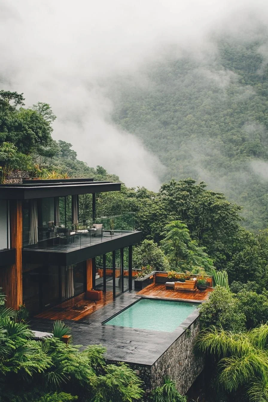 A Black House in a Misty Jungle Setting