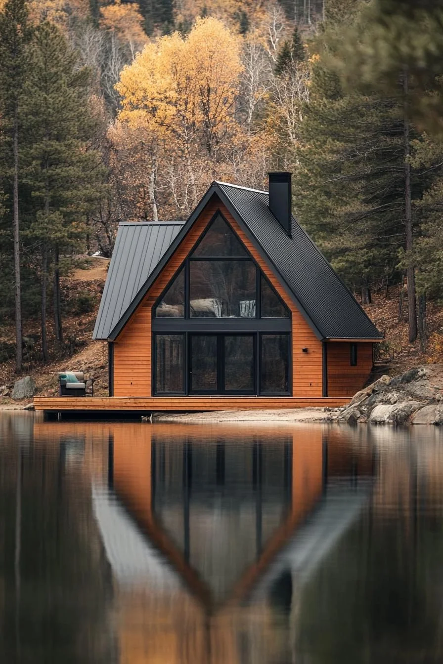 An A-Frame Cabin Mirrored on a Still Lake