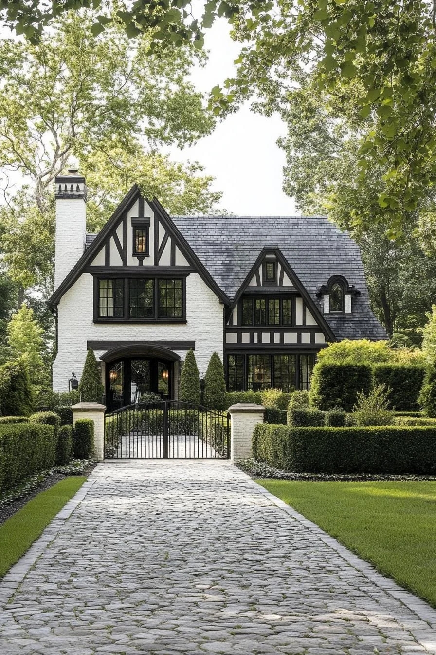 A Majestic Tudor Facade Framed in Green