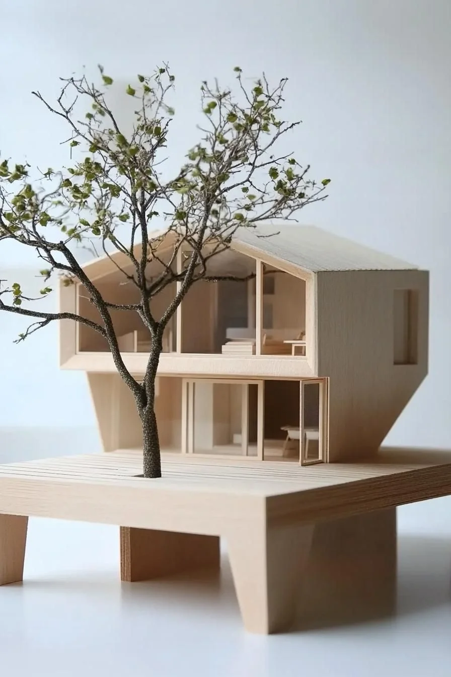 Wooden House Model Beside a Tree