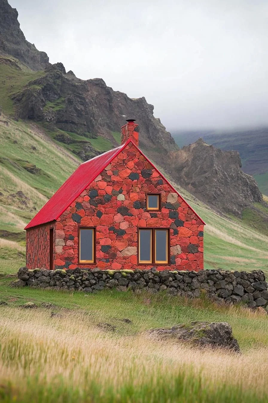 Vibrant Cottage Amid Rugged Volcanic Peaks