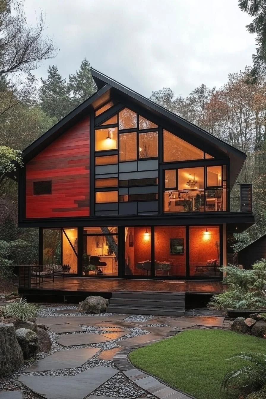 Fiery Timber Facade on a Cozy Cabin
