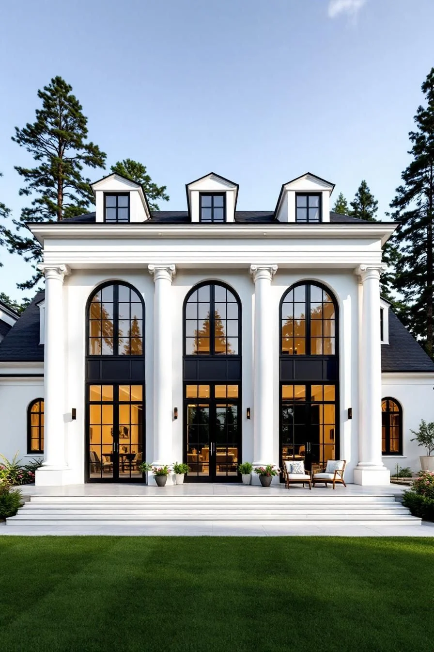 Neoclassical Elegance Framed by Pine Trees