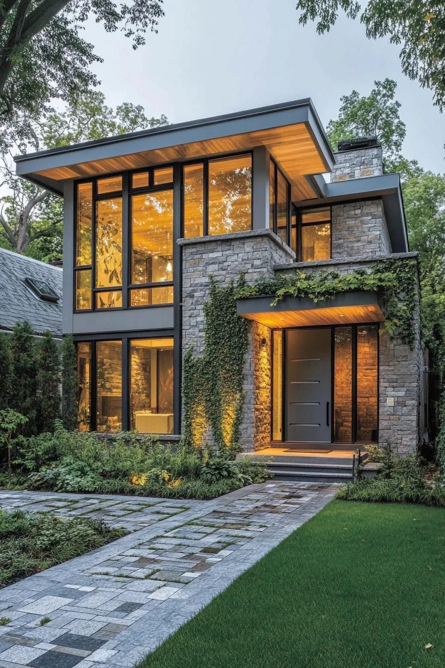 Modern Stone Retreat Framed in Ivy