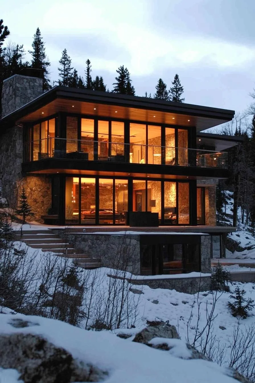 Snowy Glowing Cabin Lodge with a View