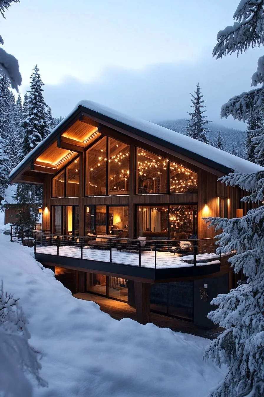 Timber Chalet Twinkling Among Snowy Trees