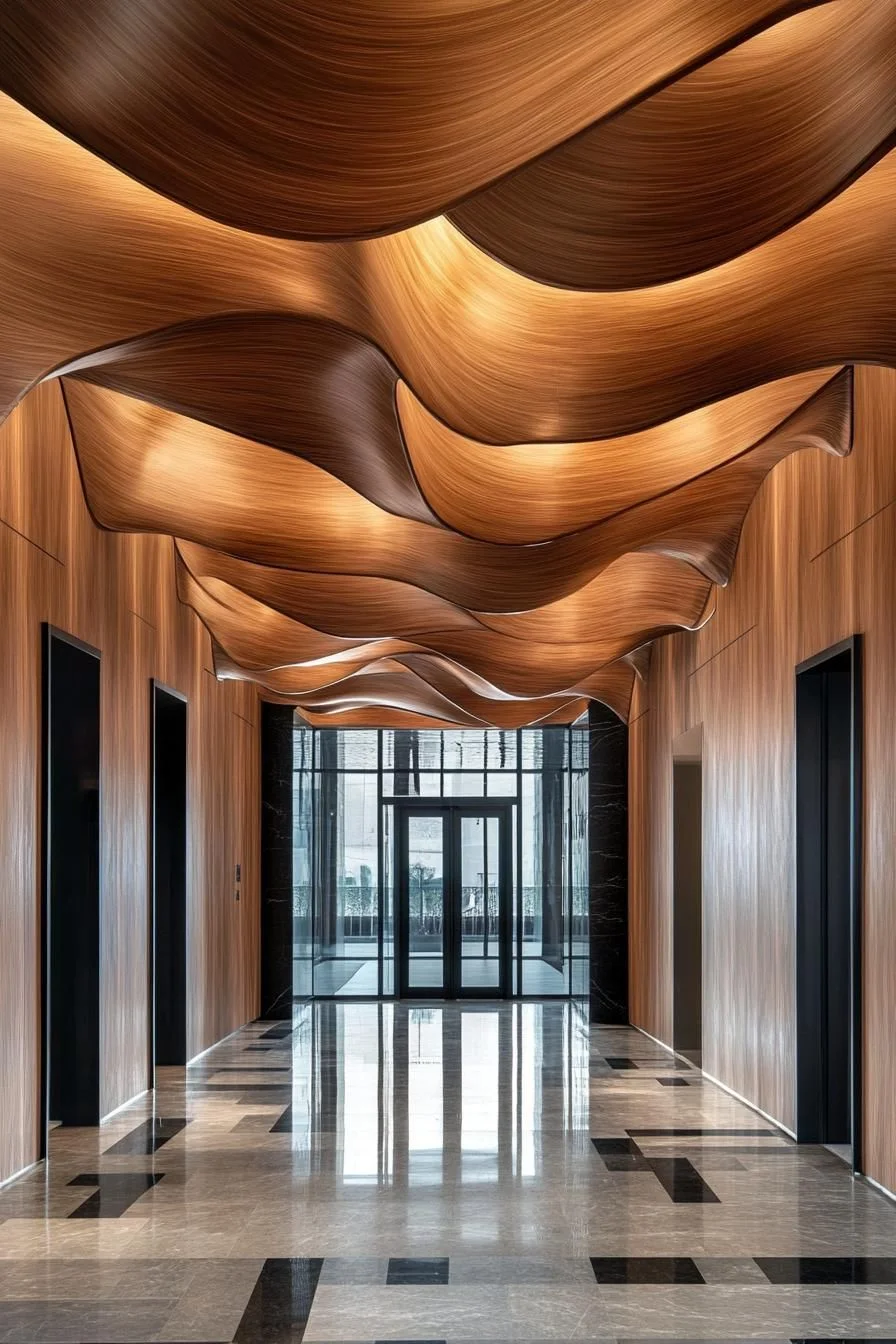 Symmetrical Lobby With Wavy Wood Panels