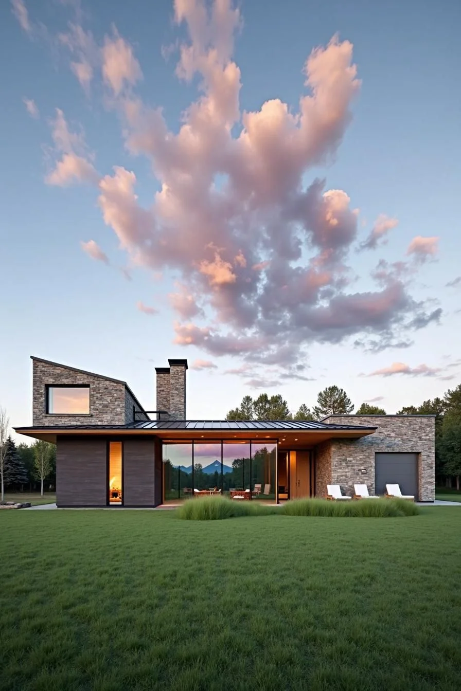 Brick Rancher Under Pastel Clouds
