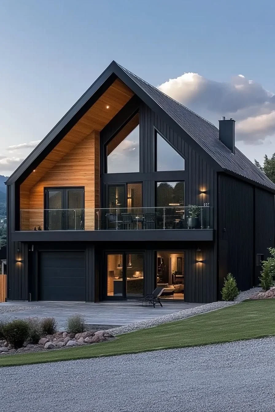 A dramatic, angular roofline gives this home a strong silhouette against the sky. Black paneling and a glass-lined balcony combine to create a look that's both minimal and quietly luxurious.
