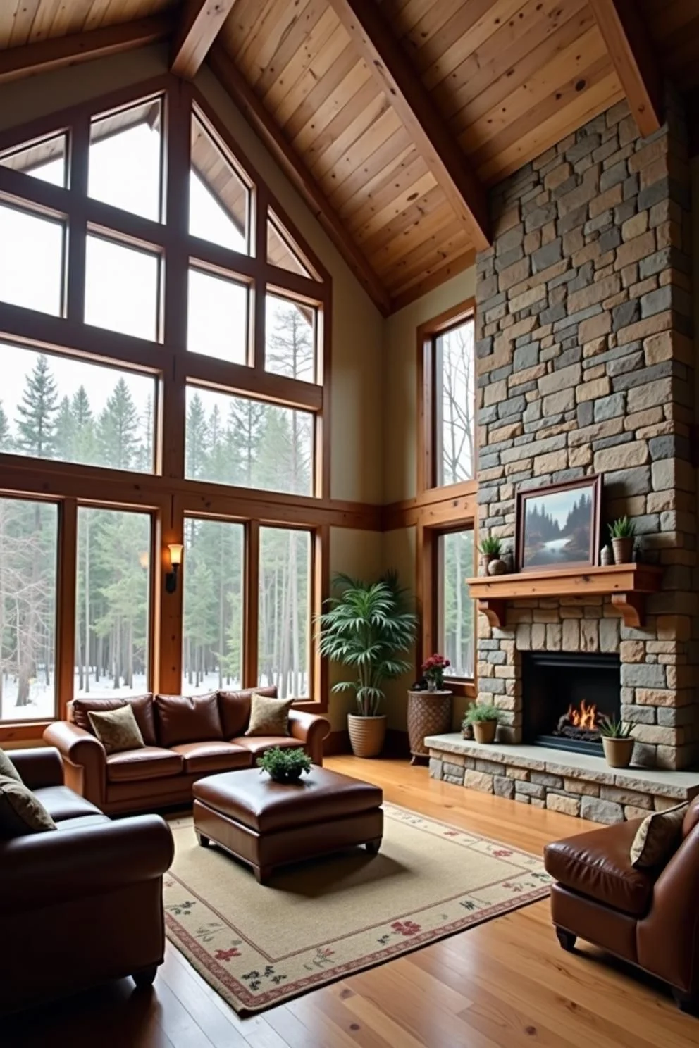 A Cabin with a Grand Hearth and Forest View