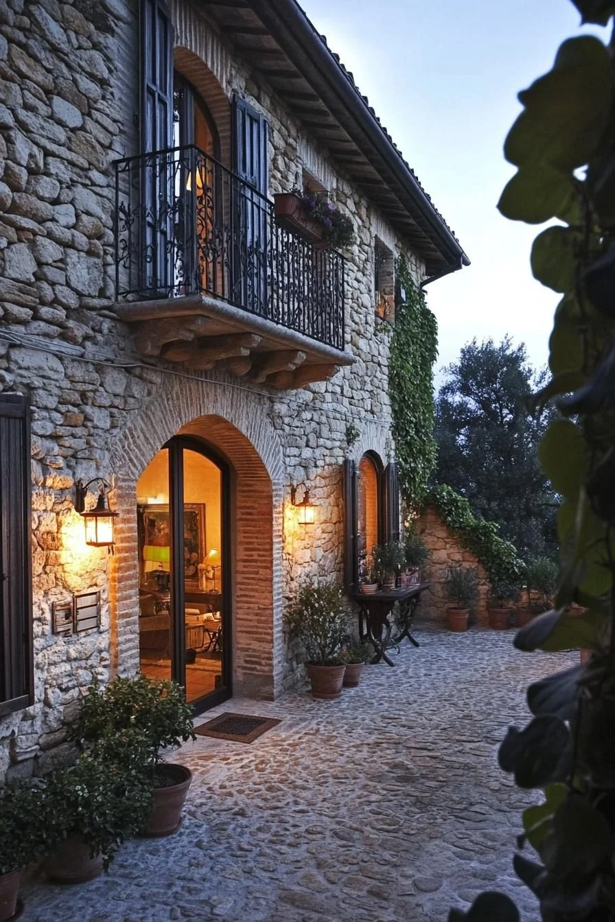 Spanish House Lit Up at Dusk
