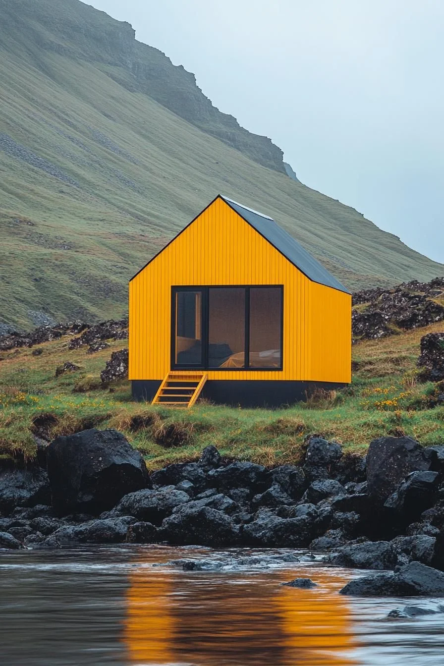 A Yellow Cabin Beside a Flowing Stream