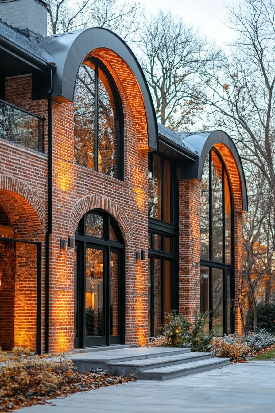 Arched Brick Facade Lit at Dusk