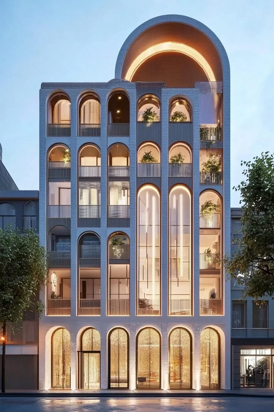 An Arched Facade That Shines at Dusk