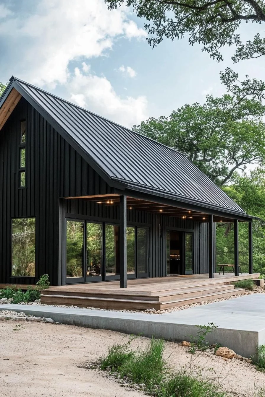 Modern A-Frame Barndominium at Night