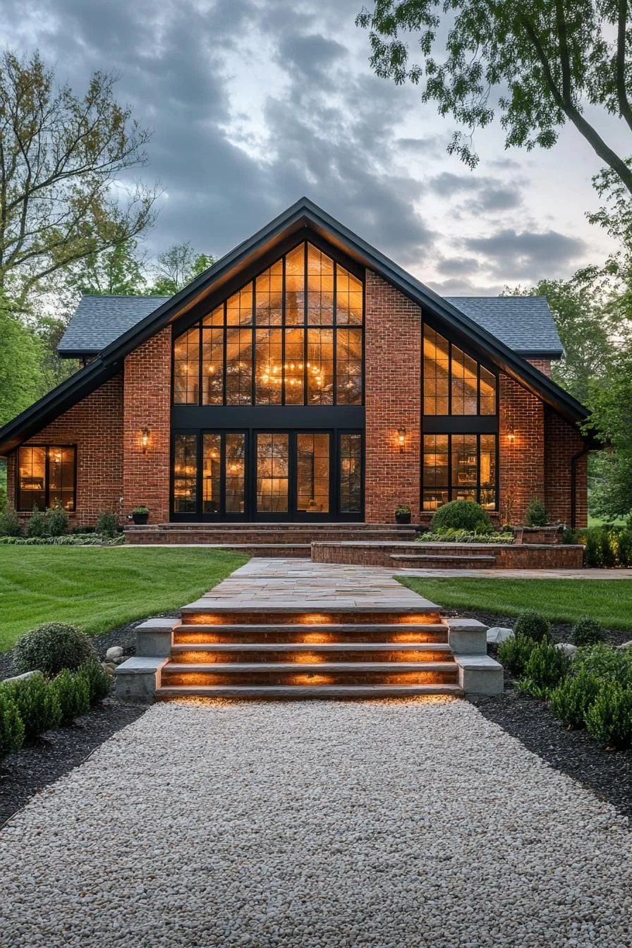 Brick Barn House With Glowing Windows