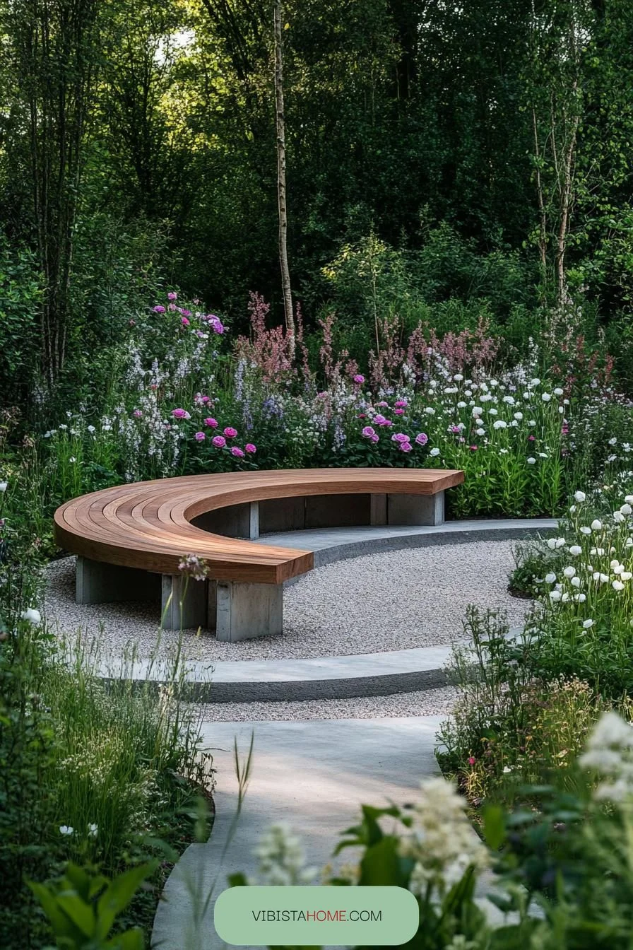 Curved Wooden Seat in Floral Paradise
