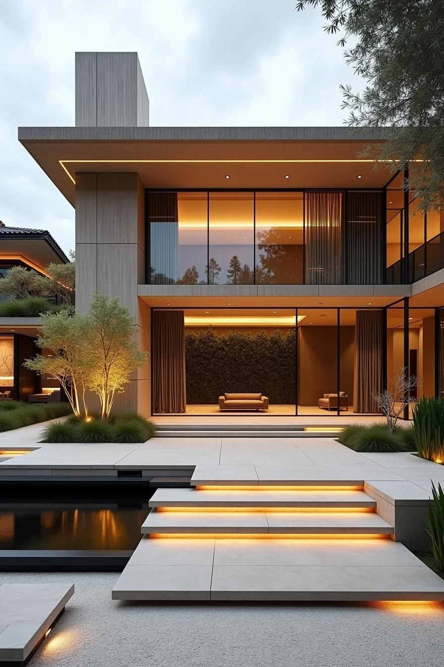 A Lit-Up Concrete Cabana After Dark