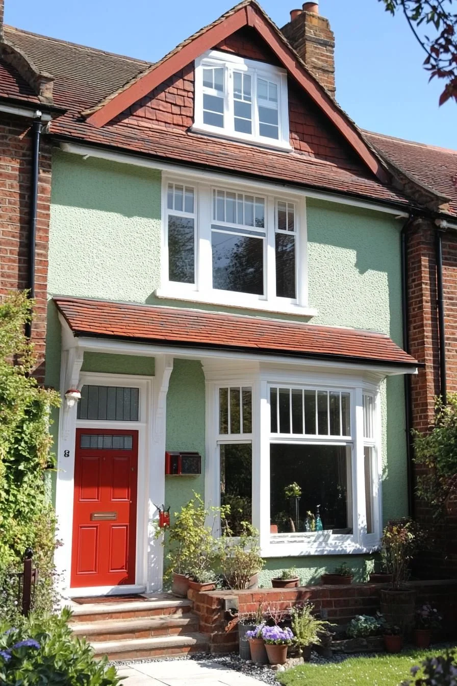 A Mint Green Home With a Ruby Red Door