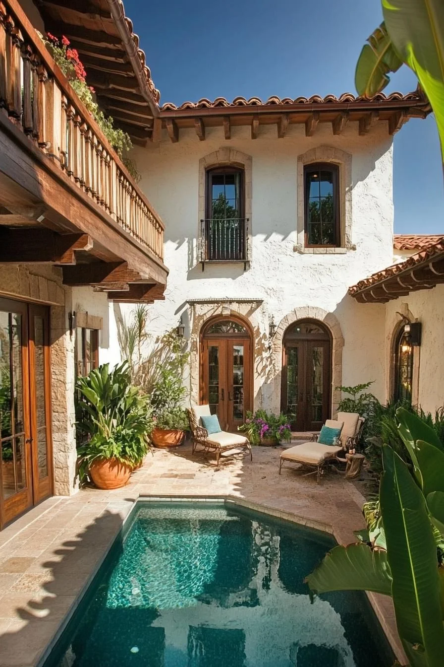 A Sunny Courtyard With a Tropical Pool