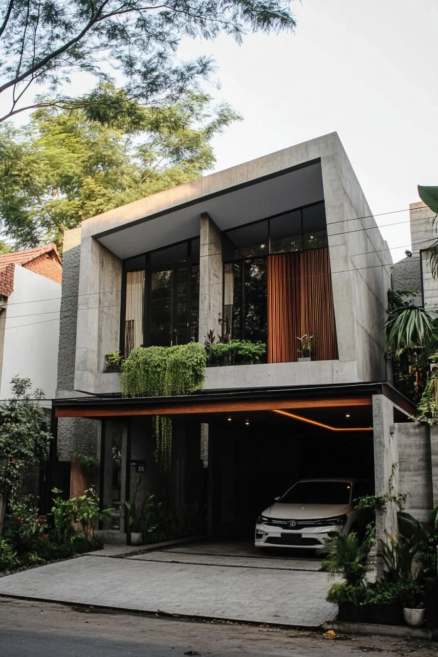 A Concrete Home Framed by Greenery