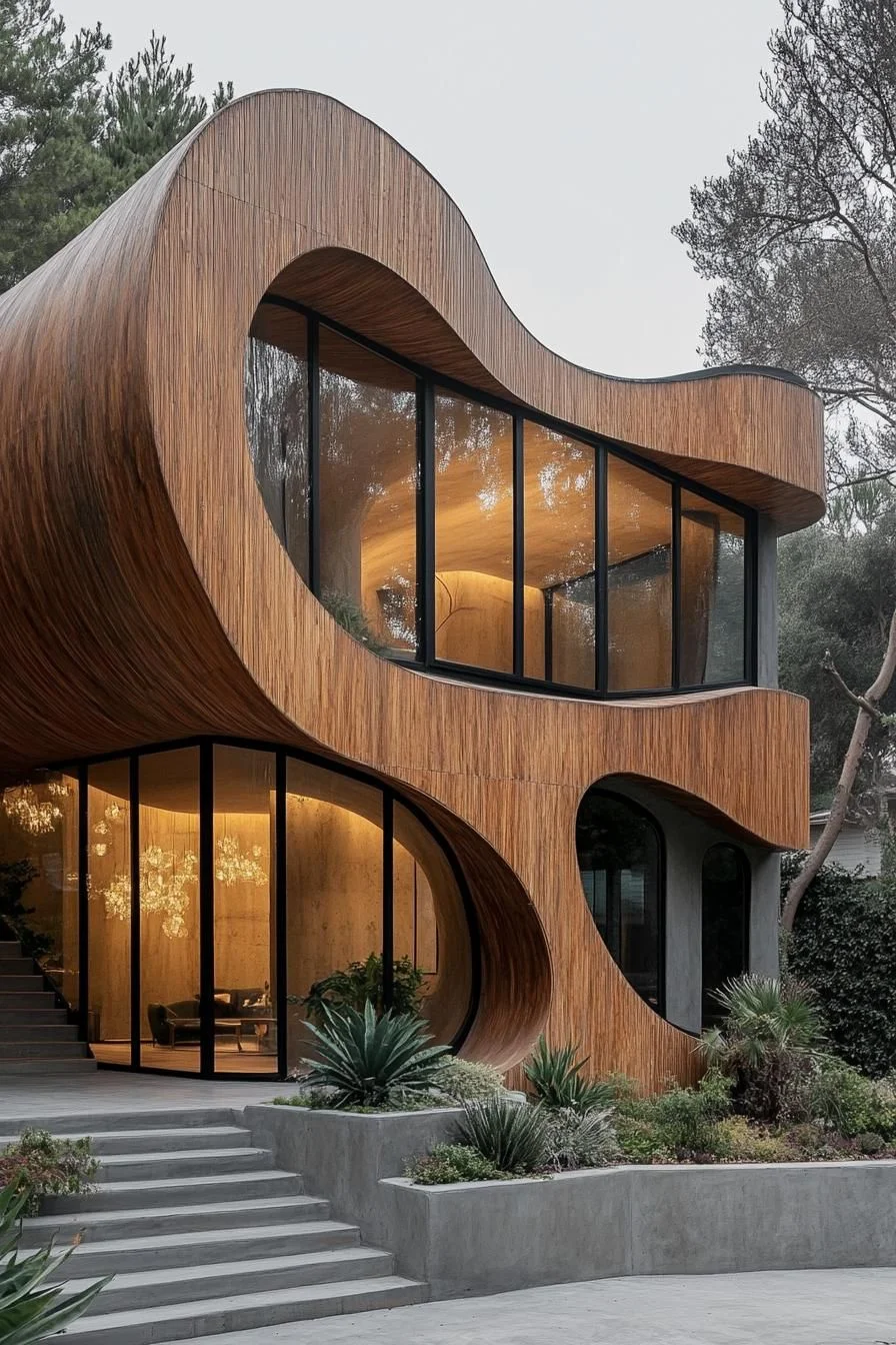 Curved Wood Facade with Flowing Lines