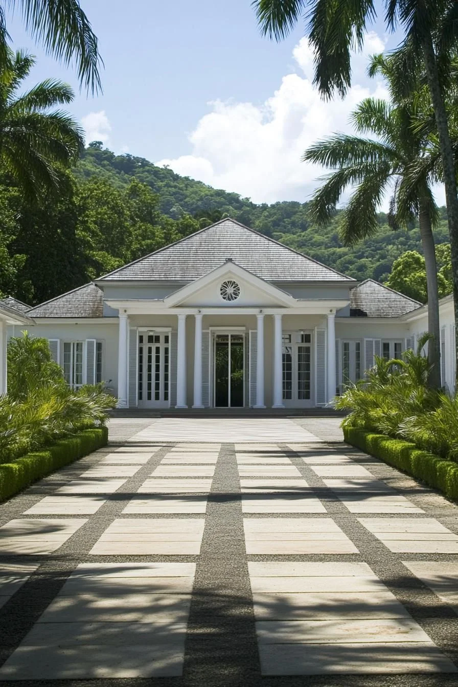 A Colonial House Framed by Palm Fronds
