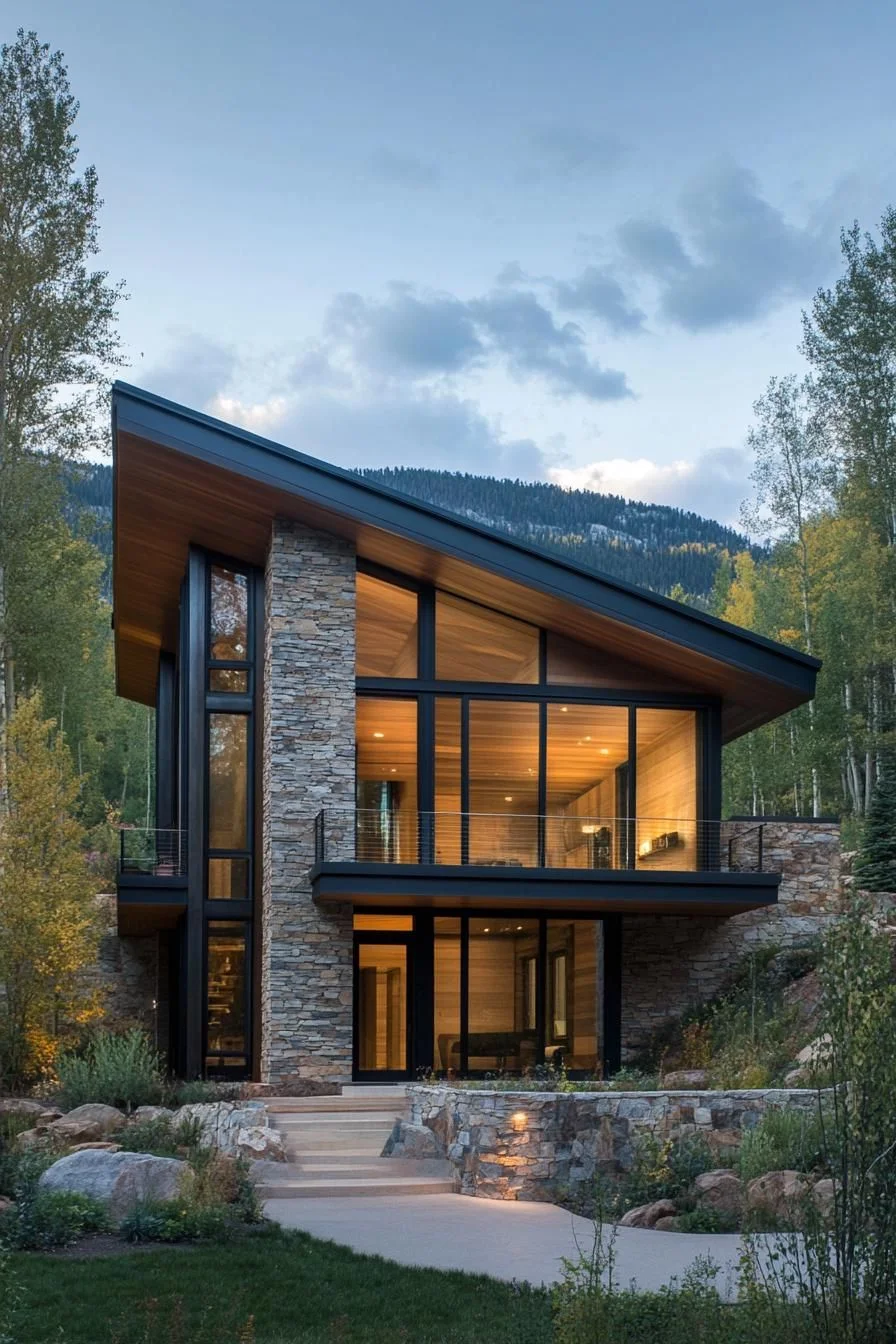 Steep-Roofed Cabin with Stone Details