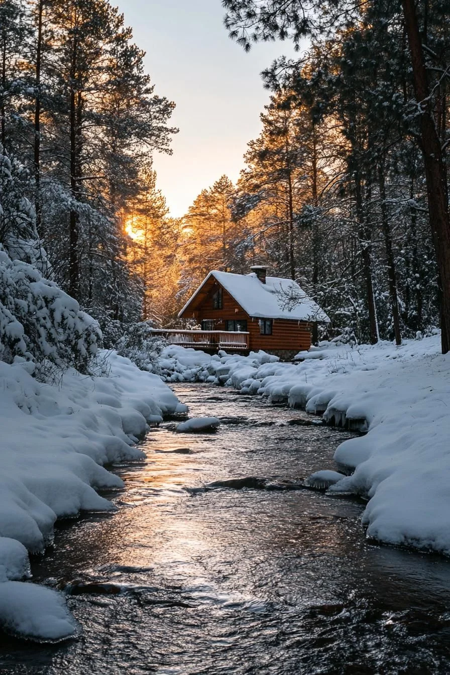A Cabin Beside A Winter Stream