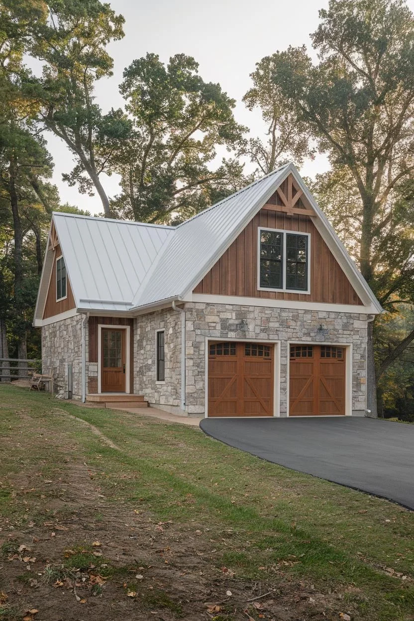 Stone Garage House With Wood Accents