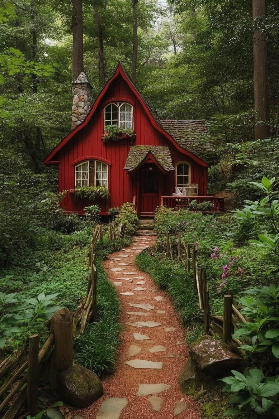 A Red Cottage Set in an Enchanted Forest