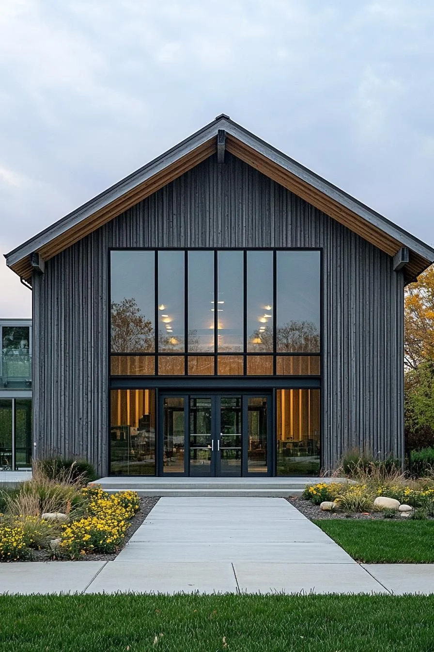 A tall gabled roof gives this barn house real height and presence. The front facade mixes wood paneling with large glass windows, offering a partial view into the interior from outside.