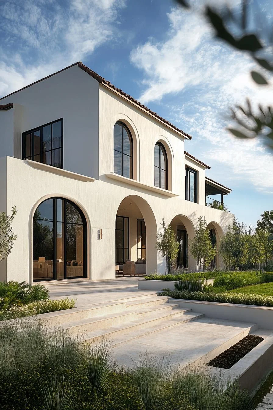 A Mediterranean Villa with Archways at Dawn