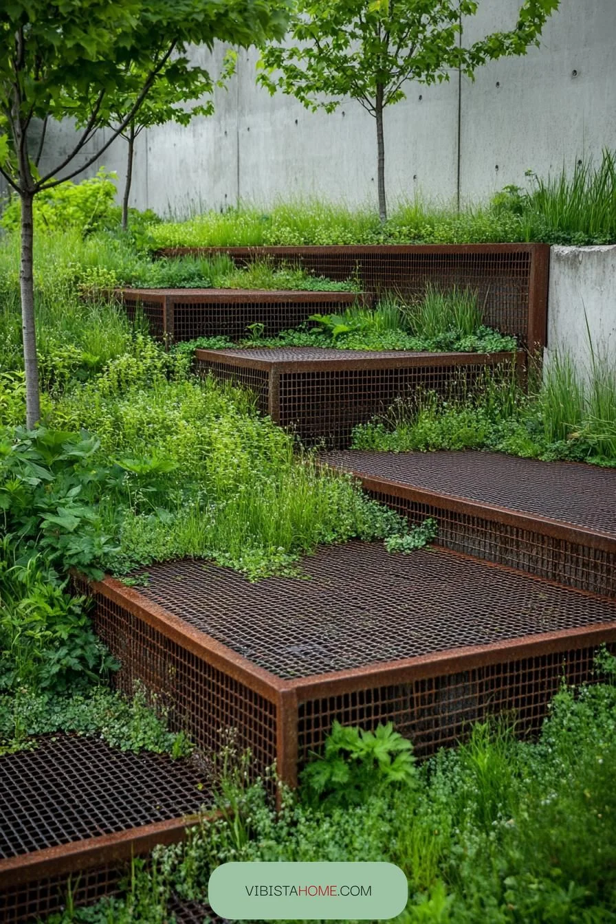 Rusty Grid Path Through Verdant Green