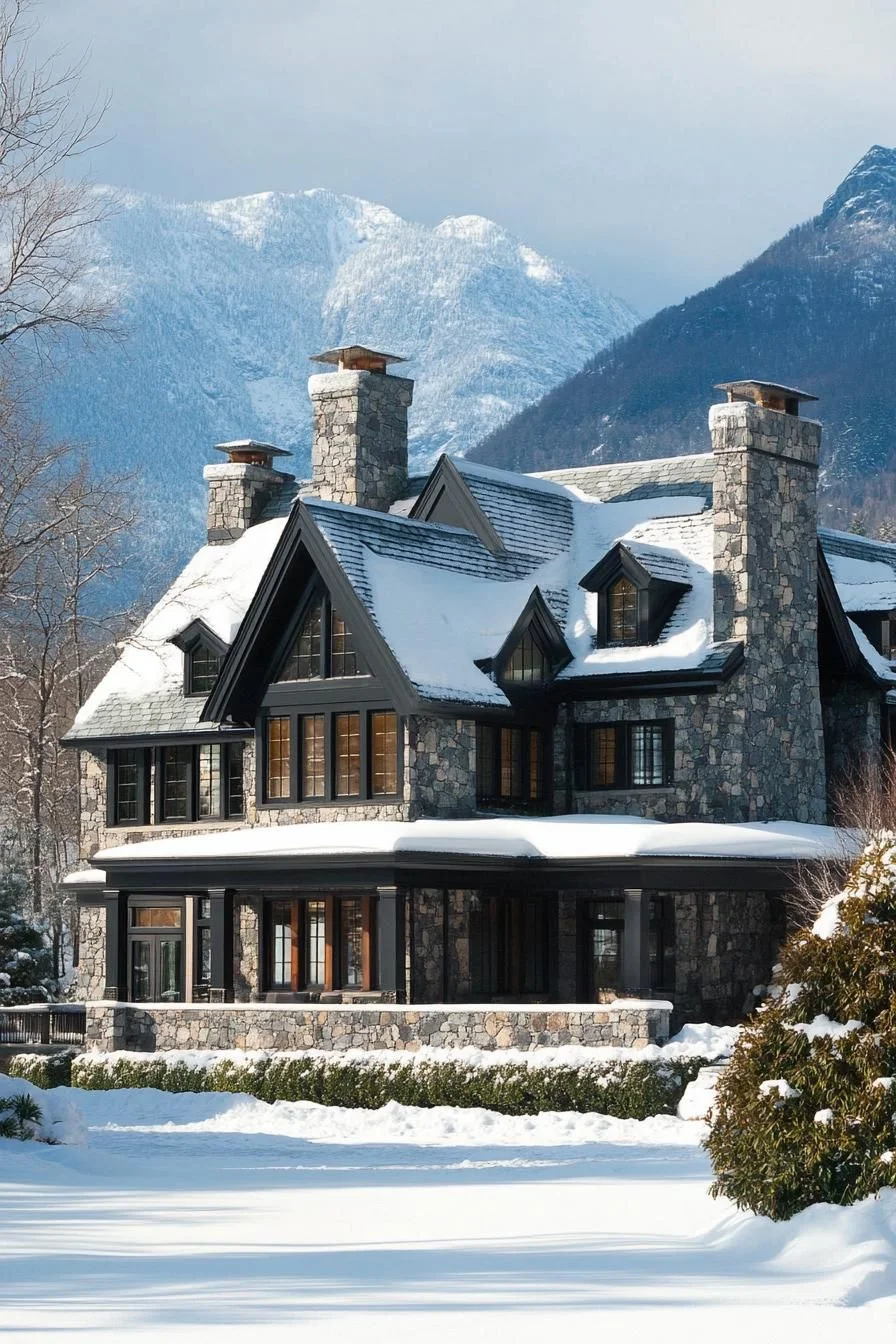 Snow-Dusted Manor with Mountain Backdrops