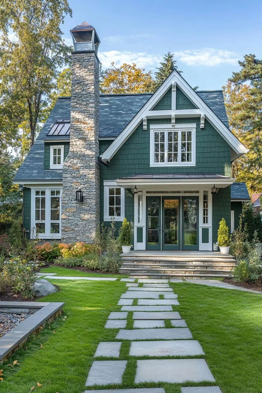 Green Cottage With a Tall Stone Chimney