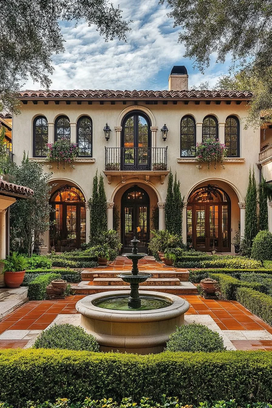 A Mediterranean Villa with Arches and a Fountain