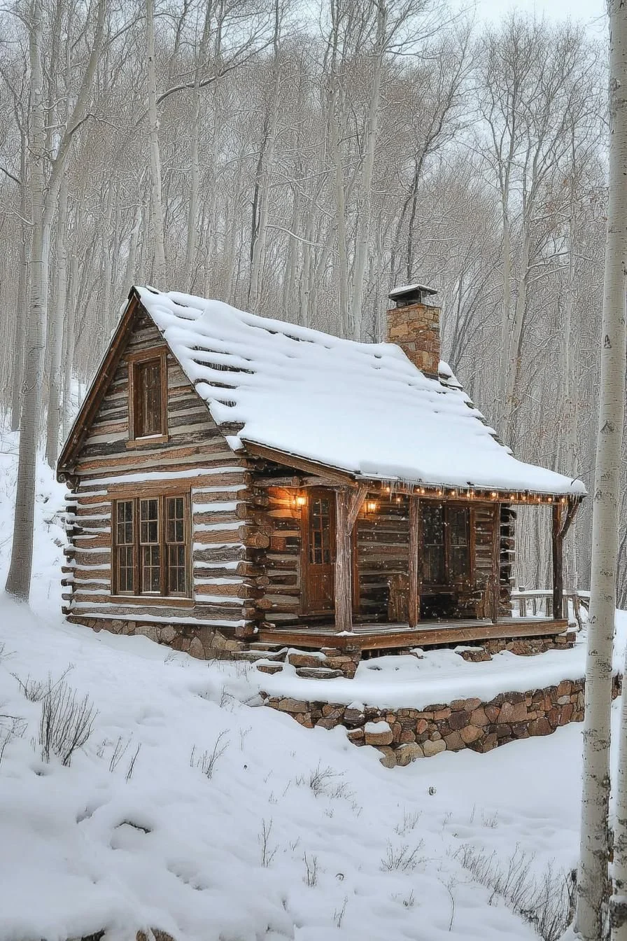 Snowy Log Cabin in a Quiet Glade