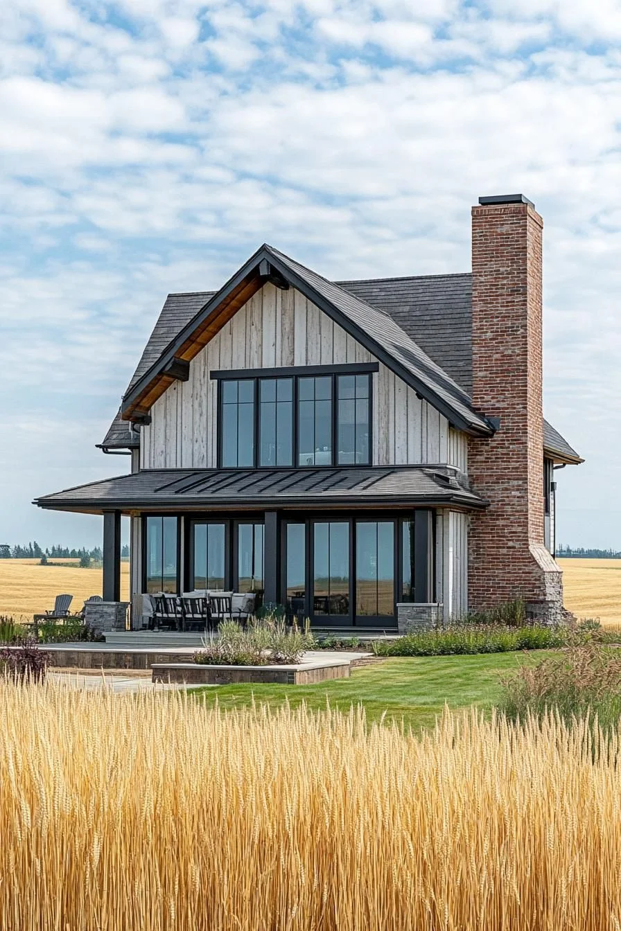 A Farmhouse Framed by Wheat Fields and Blue Sky