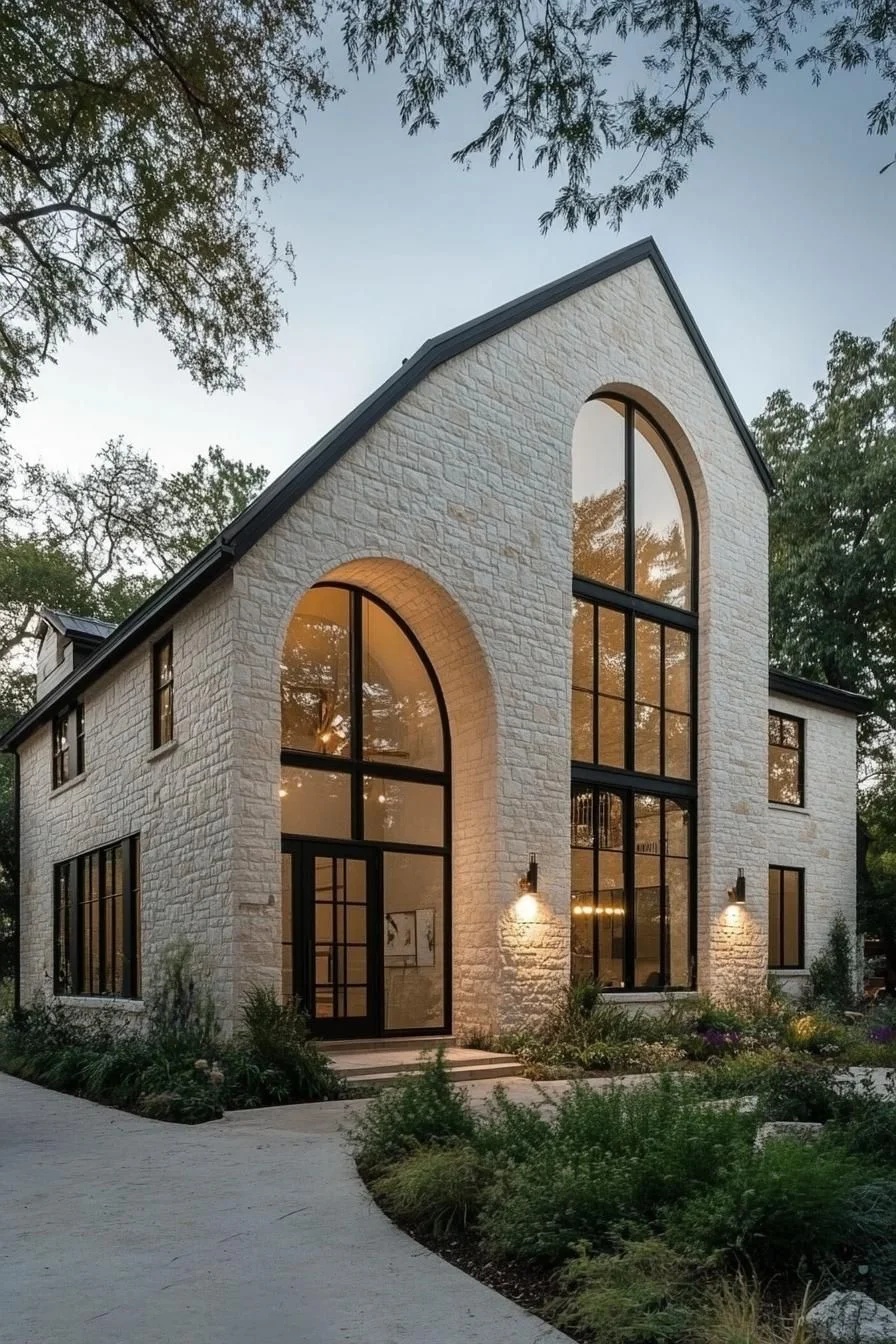 A Farmhouse With Grand Arches and Glowing Windows